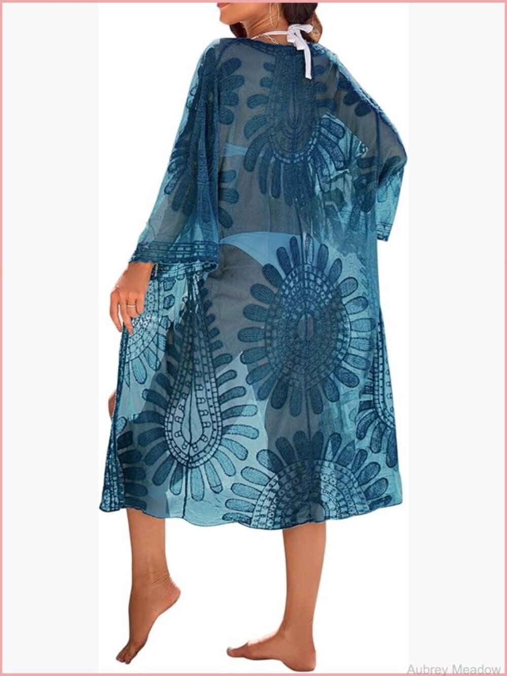 Women Lace Embroidered Mesh Kimono Coverup 3/4 Sleeve Tie Front Summer Cardigan